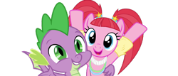 Size: 882x378 | Tagged: safe, edit, editor:undeadponysoldier, imported from ponybooru, vector edit, pacific glow, spike, dragon, earth pony, pony, arms in the air, cute, daaaaaaaaaaaw, female, happy, hug, looking at you, male, mare, pigtails, spikabetes, vector