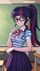 Size: 1080x1920 | Tagged: safe, imported from derpibooru, sci-twi, twilight sparkle, human, equestria girls, ai content, ai generated, chalkboard, classroom, clothes, desk, female, generator:expmixline v3, generator:mlp twilightsparkle-10, generator:stable diffusion, glasses, indoors, looking at you, multicolored hair, pleated skirt, ponytail, prompter:marusame, purple eyes, shirt, skirt, smiling, smiling at you, solo, striped shirt