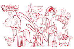 Size: 1623x1092 | Tagged: safe, artist:jimmyjamno1, imported from derpibooru, earth pony, gnome, pegasus, pony, female, looking down, mare, monochrome, open mouth, open smile, reins, riding, simple background, sketch, sketch dump, smiling, white background