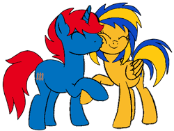Size: 518x389 | Tagged: safe, artist:noikincade67, imported from derpibooru, oc, oc only, oc:flare spark, oc:train track, pegasus, pony, unicorn, eyes closed, female, kissing, male, simple background, straight, transparent background