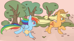 Size: 960x540 | Tagged: safe, artist:nedemai, imported from derpibooru, applejack, rainbow dash, earth pony, pegasus, animated, atg 2023, gif, newbie artist training grounds, racing
