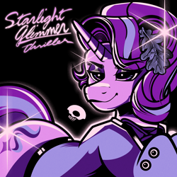 Size: 2400x2400 | Tagged: safe, artist:poxy_boxy, imported from derpibooru, starlight glimmer, pony, unicorn, album parody, black background, female, high res, lidded eyes, limited palette, mare, michael jackson, name, simple background, smiling, solo, thriller