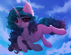 Size: 4192x3236 | Tagged: safe, artist:_moonstar_, artist:moonstarshining, imported from derpibooru, izzy moonbow, pony, unicorn, chest fluff, eye clipping through hair, eyebrows, eyebrows visible through hair, female, g5, high res, horn, looking at you, mare, open mouth, sky, solo