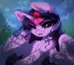 Size: 4000x3500 | Tagged: safe, artist:_moonstar_, artist:moonstarshining, imported from derpibooru, twilight sparkle, alicorn, pony, :p, chest fluff, cute, ear fluff, eye clipping through hair, eyebrows, eyebrows visible through hair, female, horn, looking at you, mare, one eye closed, signature, solo, spread wings, tongue out, twiabetes, twilight sparkle (alicorn), wings, wink, winking at you