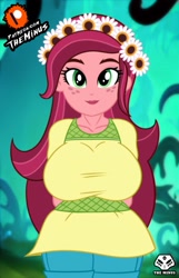 Size: 1285x2000 | Tagged: safe, artist:theminus, imported from derpibooru, gloriosa daisy, human, equestria girls, arm behind back, big breasts, breasts, busty gloriosa daisy, floral head wreath, flower, flower in hair, freckles, looking at you, solo