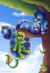 Size: 4800x6982 | Tagged: safe, artist:madelinne, imported from derpibooru, oc, oc only, oc:opal brona, oc:pitch pine, lamia, original species, cloud, cup, duo, leonine tail, sky, tail, teacup, tree, tree branch