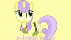 Size: 1920x1080 | Tagged: safe, artist:starryshineviolet, edit, editor:jaredking779, imported from derpibooru, sunshine petals, pony, unicorn, apron, background pony, clothes, female, flower, mare, simple background, smiling, solo, yellow background