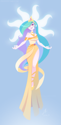 Size: 665x1363 | Tagged: safe, artist:psicoyote, imported from derpibooru, princess celestia, human, clothes, dress, female, hair over one eye, humanized, simple background, smiling, solo