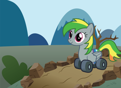Size: 4119x3000 | Tagged: safe, artist:tolerance, imported from twibooru, oc, oc only, oc:wheely bopper, original species, pegasus, pony, wheelpone, cute, dead tree, female, folded wings, image, ocbetes, outdoors, png, rock, smiling, solo, tree, what has science done, wheel, wings