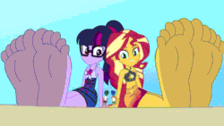 Size: 640x360 | Tagged: safe, artist:a giant woman, imported from derpibooru, flash sentry, sci-twi, sunset shimmer, timber spruce, twilight sparkle, human, equestria girls, animated, clothes, feet, female, fetish, foot fetish, gif, larger female, male, micro, shrinking, size difference, smaller male, soles, swimsuit