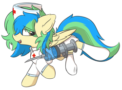 Size: 2020x1488 | Tagged: safe, artist:hcl, imported from derpibooru, oc, oc only, oc:hcl, pegasus, pony, nurse, simple background, solo, syringe, white background