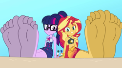 Size: 1440x810 | Tagged: safe, artist:a giant woman, edit, imported from derpibooru, flash sentry, sci-twi, sunset shimmer, timber spruce, twilight sparkle, human, equestria girls, barefoot, clothes, duo focus, eyes closed, feet, female, fetish, foot fetish, foot focus, giantess, larger female, macro, male, no shading, size difference, smaller male, soles, swimsuit, wiggling toes