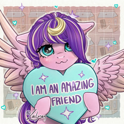 Size: 800x800 | Tagged: safe, artist:lailyren, imported from derpibooru, oc, oc:star silk, pegasus, pony, chocolate, chocolate milk, female, food, heart, heart eyes, heart pillow, looking at you, mare, milk, pillow, solo, wingding eyes