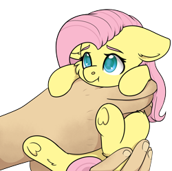 Size: 2148x2136 | Tagged: safe, artist:rokosmith26, imported from derpibooru, fluttershy, pegasus, pony, cheek fluff, commission, cute, female, floppy ears, hand, holding, holding a pony, in goliath's palm, looking up, mare, moderate dark skin, shyabetes, simple background, size difference, solo, transparent background, underhoof, ych example, your character here