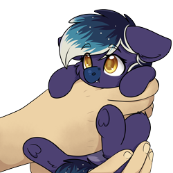 Size: 2148x2136 | Tagged: safe, artist:rokosmith26, imported from derpibooru, oc, oc:blueberry moon, bat pony, pony, blueberry snoot, cheek fluff, commission, cute, fangs, female, floppy ears, hand, holding, holding a pony, in goliath's palm, looking up, mare, simple background, size difference, solo, transparent background, underhoof, ych example, your character here