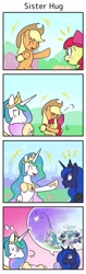 Size: 720x2267 | Tagged: safe, artist:wakyaot34, imported from derpibooru, apple bloom, applejack, princess celestia, princess luna, alicorn, earth pony, pony, 4 panel comic, 4koma, adorabloom, apple sisters, blushing, comic, cute, cutelestia, eyes closed, female, filly, foal, funny, hug, jackabetes, mare, royal sisters, siblings, sisters, spinning, sweat, sweatdrop, to the moon, weapons-grade cute