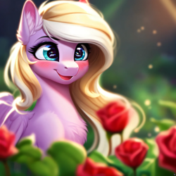 Size: 3072x3072 | Tagged: safe, imported from derpibooru, oc, oc only, oc:bay breeze, pegasus, pony, ai content, ai generated, chest fluff, cute, ear fluff, female, flower, garden, generator:purplesmart.ai, generator:stable diffusion, happy, palindrome get, pegasus oc, prompter:almas al, rose, smiling, solo, wings