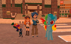 Size: 1131x707 | Tagged: safe, artist:puzzlshield2, imported from derpibooru, oc, oc:puzzle shield, alicorn, pony, alicorn oc, crossover, disney, horn, judy hopps, smg4, splatoon, sunset, super mario bros., wings, zootopia