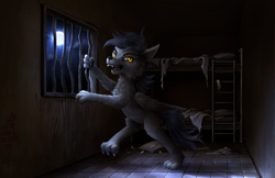 Size: 4096x2660 | Tagged: safe, artist:magfen, imported from derpibooru, pegasus, pony, werewolf, wolf, wolf pony, bed sheets, bunk bed, cell, full moon, moon, night, sharp teeth, solo, staring at you, teeth, yellow eyes