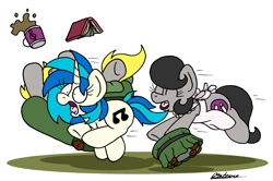 Size: 2290x1524 | Tagged: safe, artist:bobthedalek, imported from derpibooru, dj pon-3, vinyl scratch, oc, oc:mixed melody, oc:octavia's father, oc:octavia's mother, oc:ostinato melody, earth pony, pony, unicorn, atg 2023, book, chair, mug, newbie artist training grounds, running, this will end in intensive mothering