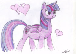 Size: 2912x2059 | Tagged: safe, artist:darkaudi1728, imported from derpibooru, twilight sparkle, alicorn, pony, eyelashes, female, heart, mare, signature, smiling, solo, traditional art, twilight sparkle (alicorn)