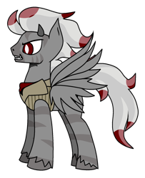 Size: 1272x1568 | Tagged: safe, artist:yamston, imported from derpibooru, oc, oc only, oc:darkest bleak, hybrid, pegasus, pony, zebra, fanfic:living the dream, 2023, clothes, fanfic art, gray coat, horns, hybrid oc, red eyes, sharp teeth, simple background, slit pupils, smiling, solo, spread wings, suit, teeth, transparent background, two toned mane, wings, zebra oc