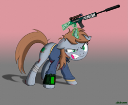 Size: 1267x1042 | Tagged: safe, artist:dddromm, imported from derpibooru, oc, oc only, oc:littlepip, pony, unicorn, fallout equestria, bandage, blood, clothes, gradient background, grimace, gun, solo, weapon