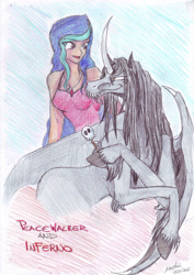 Size: 2059x2912 | Tagged: safe, artist:darkaudi1728, imported from derpibooru, oc, oc only, oc:inferno, alicorn, bat pony, bat pony alicorn, human, pony, bat pony oc, bat wings, curved horn, duo, horn, smiling, traditional art, unshorn fetlocks, wings