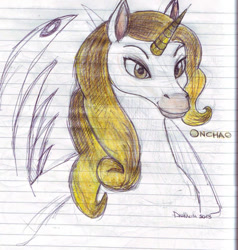 Size: 400x421 | Tagged: safe, artist:darkaudi1728, imported from derpibooru, oc, oc only, alicorn, pony, alicorn oc, bust, horn, lined paper, solo, traditional art, wings