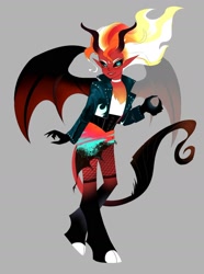 Size: 1156x1557 | Tagged: safe, artist:aztrial, imported from derpibooru, sunset shimmer, demon, human, equestria girls, bat wings, claws, clothes, cloven hooves, elf ears, evil grin, female, fishnets, gray background, grin, horns, jacket, redesign, simple background, skirt, smiling, solo, sunset satan, wings