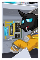 Size: 720x1080 | Tagged: safe, artist:texasuberalles, imported from derpibooru, oc, oc only, oc:dragonfly (the maretian), changeling, fanfic:changeling space program, changeling oc, crystal, fanfic art, female, ratchet, solo, spacesuit