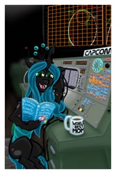 Size: 720x1080 | Tagged: safe, artist:texasuberalles, imported from derpibooru, queen chrysalis, changeling, changeling queen, fanfic:changeling space program, book, coffee mug, fanfic art, female, headset, misspelling, mug, reading, solo