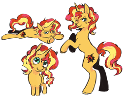 Size: 1280x1024 | Tagged: safe, artist:mapleeheart, imported from derpibooru, sunset shimmer, pony, unicorn, frown, lying down, one eye closed, simple background, smiling, solo, standing on two hooves, white background, wink