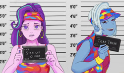 Size: 1280x760 | Tagged: safe, imported from derpibooru, starlight glimmer, trixie, equestria girls, barbie mugshot meme, meme, mugshot