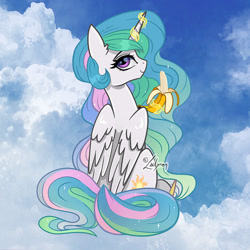 Size: 800x800 | Tagged: safe, artist:lailyren, imported from derpibooru, princess celestia, alicorn, pony, banana, bananalestia, female, food, levitation, looking at you, looking back, looking back at you, magic, mare, solo, telekinesis