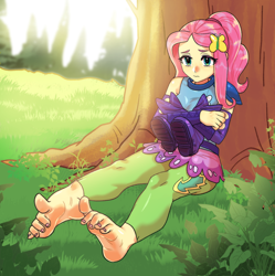 Size: 3036x3054 | Tagged: safe, alternate version, artist:dalsegno, imported from derpibooru, fluttershy, equestria girls, feet, fetish, foot fetish, sitting, tree