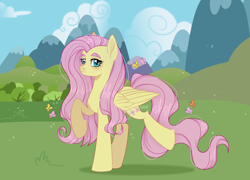 Size: 3156x2272 | Tagged: safe, artist:cursed soul, imported from derpibooru, fluttershy, butterfly, pegasus, pony, cute, female, g4, looking at you, raised hoof, raised leg, solo