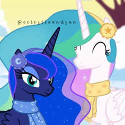 Size: 1072x1072 | Tagged: safe, artist:thesunalicorn, imported from derpibooru, princess celestia, princess luna, alicorn, clothes, duo, duo female, earmuffs, ethereal mane, eyes closed, eyeshadow, female, makeup, mare, royal sisters, scarf, show accurate, siblings, signature, sisters, snow, winter, yellow sky