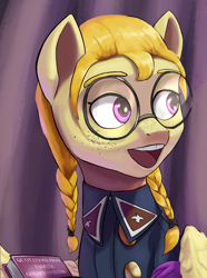 Size: 2184x2940 | Tagged: safe, artist:fly over, imported from derpibooru, oc, pegasus, pony, equestria at war mod, book, bust, female, glasses, looking away, mare, pony oc, portrait, smiling