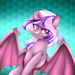 Size: 2800x2800 | Tagged: safe, artist:oniiponii, imported from derpibooru, oc, oc only, alicorn, bat pony, bat pony alicorn, pony, abstract background, bat pony oc, bat wings, bust, ethereal mane, horn, smiling, solo, starry mane, wings