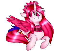 Size: 2800x2401 | Tagged: safe, artist:oniiponii, imported from derpibooru, oc, oc only, alicorn, pony, alicorn oc, choker, female, horn, lying down, mare, prone, simple background, smiling, solo, transparent background, wings