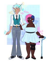 Size: 827x978 | Tagged: safe, artist:s0ftserve, imported from twibooru, bon bon, lyra heartstrings, sweetie drops, human, blackwashing, dark skin, disabled, fat, female, headcanon, height difference, horn, horned humanization, humanized, image, lesbian, looking at each other, png, scar, short hair, standing, walking stick