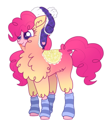 Size: 909x1021 | Tagged: safe, artist:unoriginai, imported from derpibooru, oc, oc only, alpaca, hybrid, pony, blanket, clothes, cute, hat, interspecies offspring, leg warmers, magical lesbian spawn, offspring, parent:paprika (tfh), parent:pinkie pie, parents:papinkie, socks, tongue out