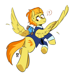 Size: 924x968 | Tagged: safe, artist:redxbacon, imported from derpibooru, larry, shadowfright, spitfire, bird, pegasus, pony, clothes, confused, feather, flying, looking back, question mark, solo, spread wings, suit, uniform, wings, wonderbolts dress uniform