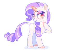 Size: 1679x1322 | Tagged: safe, artist:spaceboycelebration, imported from derpibooru, rarity, pony, unicorn, alternate design, alternate universe, blushing, colored hooves, colored horn, dock, ear piercing, earring, grin, horn, jewelry, lidded eyes, looking at you, piercing, simple background, smiling, solo, tail, white background