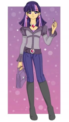 Size: 1170x2078 | Tagged: safe, imported from derpibooru, twilight sparkle, human, belt, boots, clothes, denim, high heel boots, humanized, jeans, pants, purse, shirt, shoes