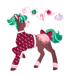 Size: 890x897 | Tagged: safe, artist:s0ftserve, imported from twibooru, oc, pony, unicorn, adoptable, bow, christmas sweater, clothes, coat markings, dappled, female, image, levitation, magic, magic aura, mare, png, ponytail, simple background, sweater, telekinesis, transparent background