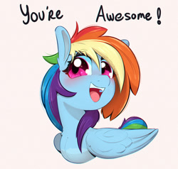 Size: 1000x951 | Tagged: safe, artist:inkypuso, imported from derpibooru, rainbow dash, pegasus, pony, beige background, cute, dashabetes, dialogue, female, looking at you, mare, open mouth, open smile, simple background, smiling, smiling at you, solo, talking to viewer