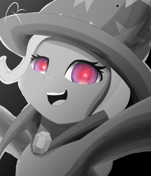 Size: 3080x3580 | Tagged: safe, artist:reinbou, imported from derpibooru, trixie, pony, unicorn, black background, cape, clothes, female, hat, high res, limited palette, looking at you, manga style, mare, simple background, smiling, smiling at you, solo, trixie's cape, trixie's hat