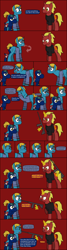 Size: 792x2949 | Tagged: safe, artist:j-yoshi64, imported from derpibooru, oc, oc only, oc:firebrand, earth pony, human, hybrid, pony, unicorn, yoshi, comic:taking a self-insert too seriously, analysis bronies, blonde hair, blue coat, comic, dialogue, facehoof, green mane, gun, human in equestria, levitation, magic, male, phone, ponified, red coat, reference to another series, rifle, self insert, speech bubble, stallion, telekinesis, text, weapon